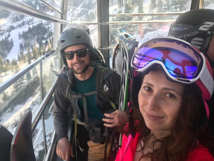 Julia and Kyle feeling the spring hype on the Snowbird Tram 