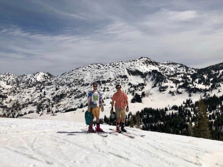 Skiing, but dressed for the beach 