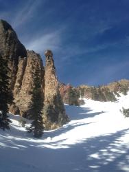 Joystick Spire, a volcanic hoo doo. We have many lines that drop through these Dr. Suess like formations